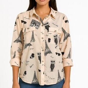 Karl Lagerfeld Paris Button Top Womens Small Pink Black Eiffel Tower Signature